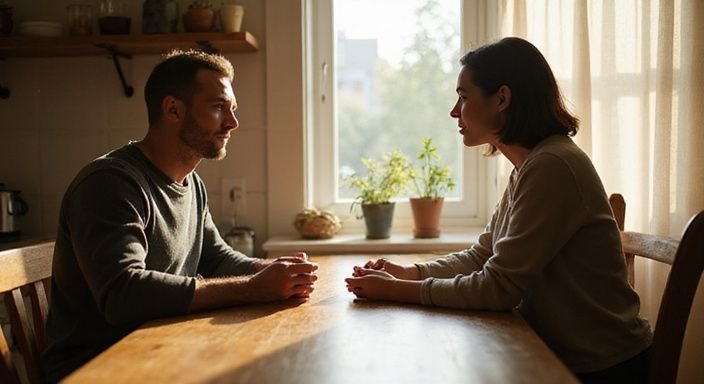 Een stel heeft een serieuze, intieme discussie aan tafel. Een stel heeft een serieuze, intieme discussie over BDSM sexcontact in Amsterdam aan tafel.