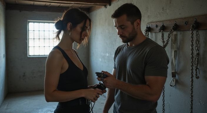 Een man en vrouw onderzoeken BDSM-harnassen in een utilitaire ruimte. Een man en vrouw onderzoeken BDSM-harnassen in een utilitaire ruimte.