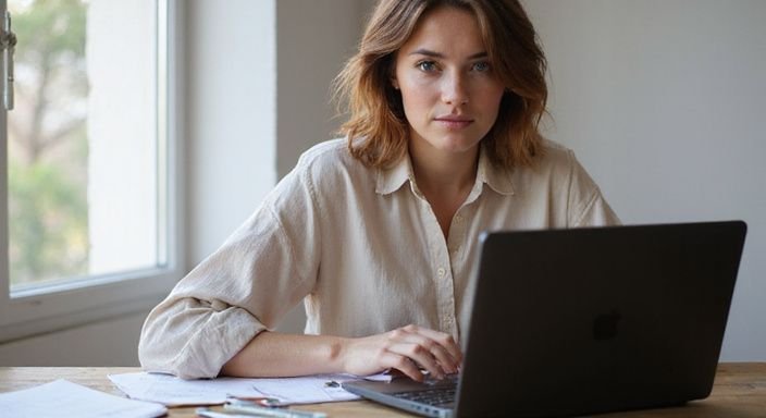 Een vrouw werkt geconcentreerd aan een houten bureau met notities. Een vrouw werkt geconcentreerd aan een houten bureau met notities.