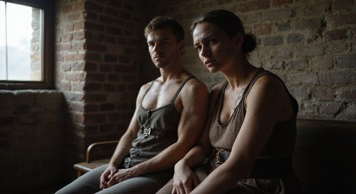 Een man en vrouw delen een intieme en vertrouwelijke moment in een dungeon. Een man en vrouw delen een intieme en vertrouwelijke moment in een dungeon.