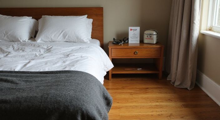 Een zorgvuldig georganiseerde slaapkamer voor een BDSM-scenario met veiligheidsmaatregelen.