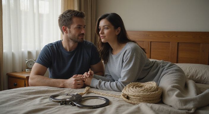 Een man en vrouw zitten ontspannen in een slaapkamer.