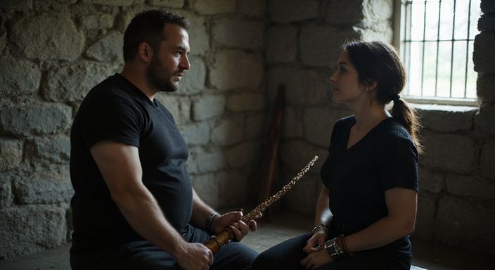 Een man met een zweep staat naast een vrouw in boeien.