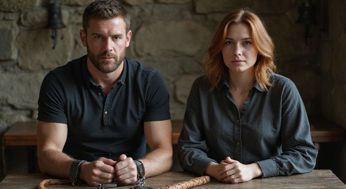 Man en vrouw in dungeon-thema, gefocust op handboeien en een zweep.