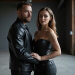 Een paar in zwart leren outfits staat dichtbij elkaar in een studio