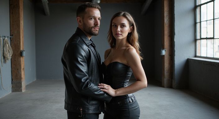 Een paar in zwart leren outfits staat dichtbij elkaar in een studio en wil BDSM sexcontact in Den Haag.