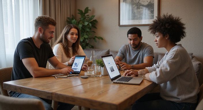 Groep volwassenen in casual kleding, zoeken met laptops en smartphones naar BDSM sexcontact in Den Haag.