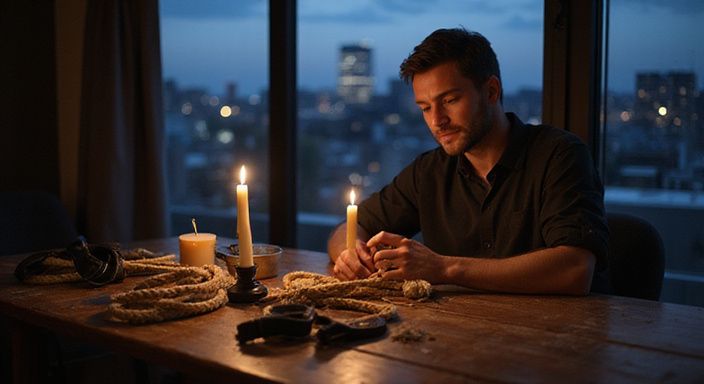 Een persoon zit contemplatief bij een tafel vol BDSM-tools.