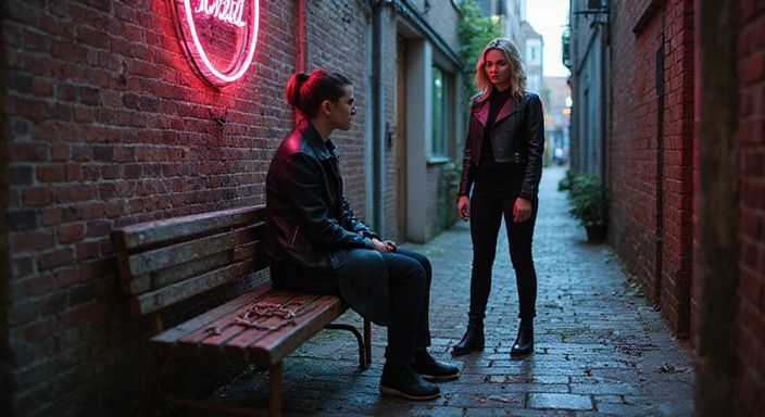 Een smalle steeg met vrouwen, leren accessoires en een intieme sfeer.