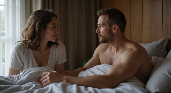 Een man en vrouw genieten van consensuele BDSM-spel in een ruimte.