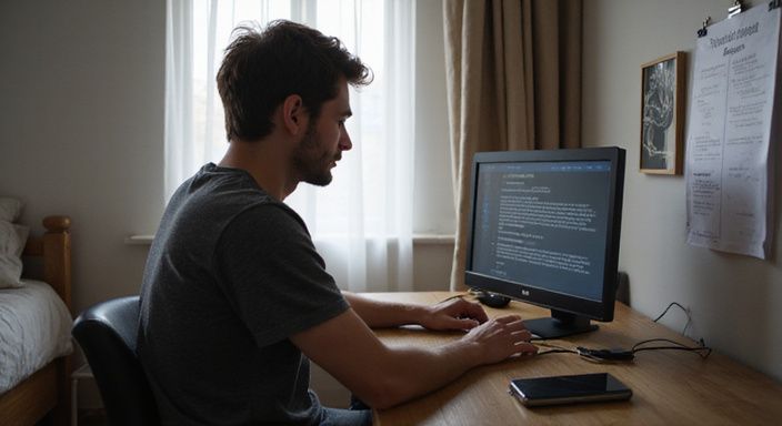 Een persoon kijkt aandachtig naar een computer- en smartphone-scherm.