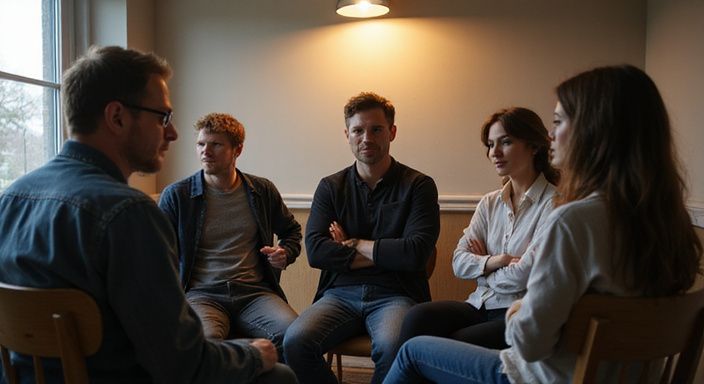 Groep volwassenen bespreekt BDSM sexcontact Eindhoven in een bijeenkomst.