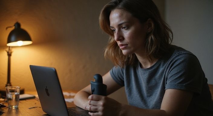 Een vrouw is nerveus terwijl ze een webcam sessie voorbereidt. Een vrouw is nerveus terwijl ze een webcam sessie voor BDSM webcamsex voorbereidt.