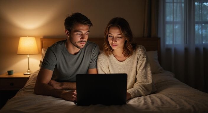 Een man en vrouw oefenen hun veilige woorden op een laptop. Een man en vrouw oefenen hun veilige woorden op een laptop.