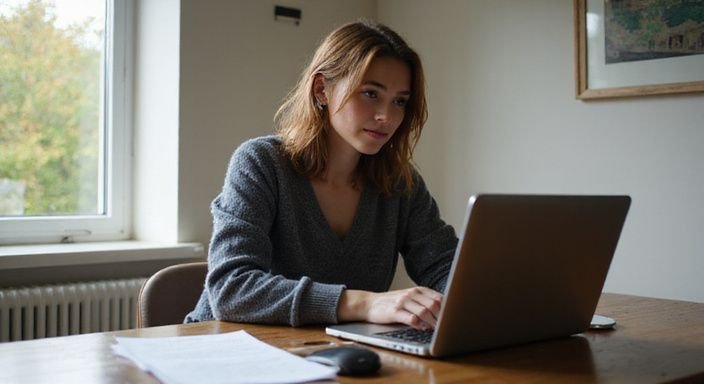 Een jonge vrouw werkt geconcentreerd achter een bureau met laptop. Een jonge vrouw werkt geconcentreerd achter een bureau met laptop.