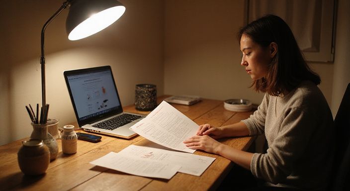 Volwassen persoon onderzoekt zorgvuldig productinformatie voor intieme wellnessproducten. Volwassen persoon onderzoekt zorgvuldig productinformatie voor BDSM speeltjes.