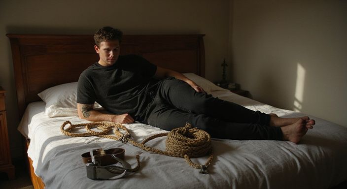 Een slaapkamer met bondage-uitrusting en een volwassene in donkere kleding. Een slaapkamer met bondage-uitrusting en een volwassene in donkere kleding.