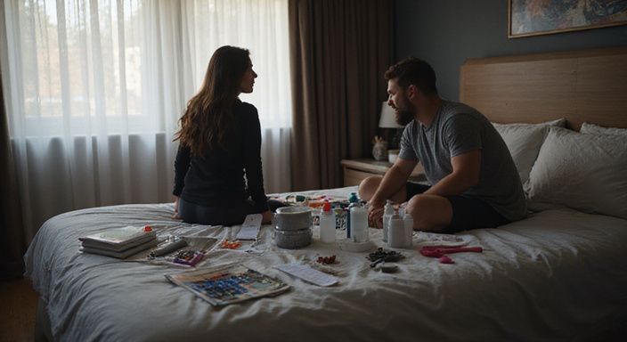 Een stel voorbereidt zich met veiligheidsitems voor intieme activiteit. Een stel voorbereidt zich met veiligheidsitems voor intieme activiteit.