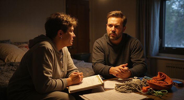 Een volwassen man en vrouw bespreken veilige spelprotocollen en grenzen.