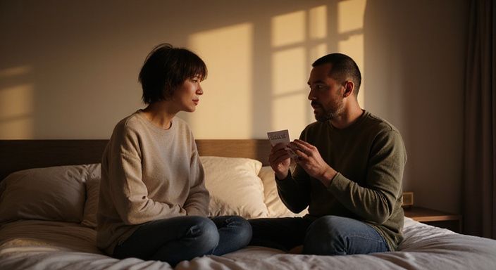 Twee volwassenen bespreken BDSM veiligheidsregels op een bed.