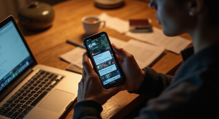 Een persoon in een thuiswerkruimte met een smartphone en laptop. Een persoon in een thuiswerkruimte met een smartphone en laptop.