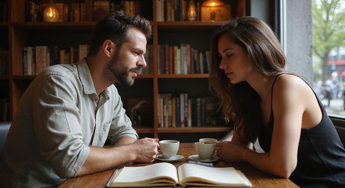 Twee volwassenen hebben een intiem gesprek in een café