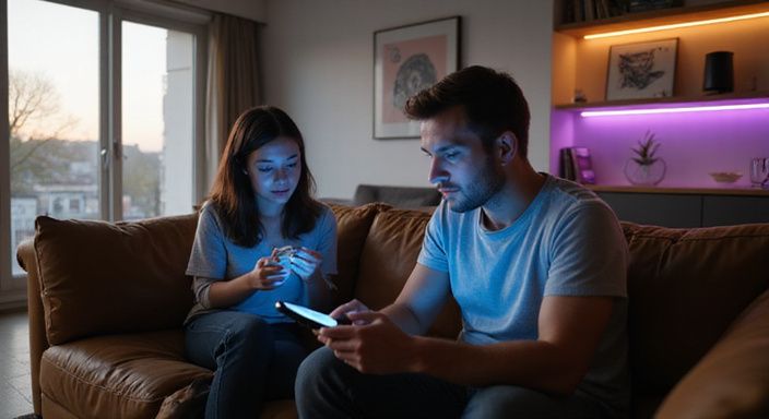 Twee mensen zitten ontspannen op een bank met smartphones