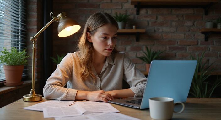 Een vrouw verdiept in het lezen van juridische documenten aan haar bureau. Een vrouw verdiept in het lezen van juridische documenten aan haar bureau.