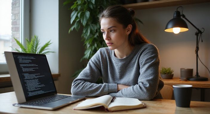 Vrouw in oversized trui, geconcentreerd op haar MacBook Pro. Vrouw in oversized trui, geconcentreerd op haar MacBook Pro.