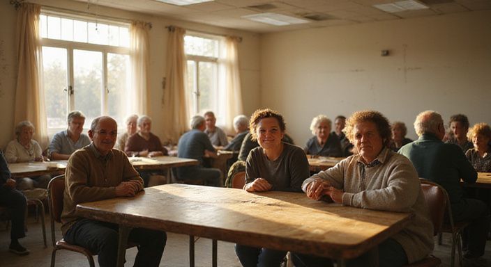 Groep volwassenen geniet van een oprechte, intieme bijeenkomst in een gemeenschapcentrum. Groep volwassenen geniet van een oprechte, intieme bijeenkomst in een gemeenschapcentrum.