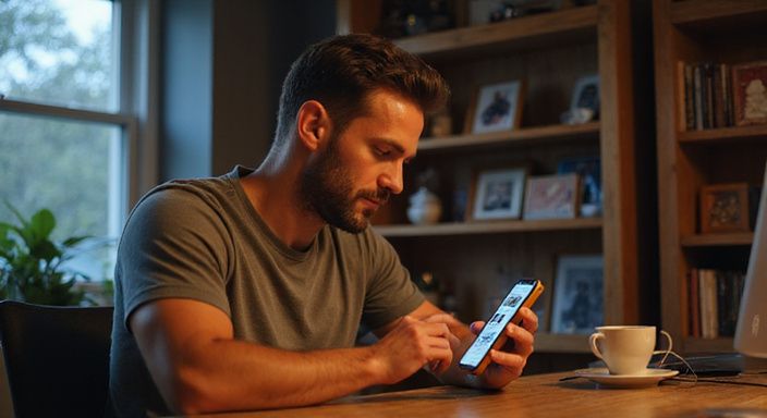 Een man in zijn dertiger jaren bestudeert een datingapp op zijn telefoon. Een man in zijn dertiger jaren bestudeert een datingapp voor bdsm dating Nederland op zijn telefoon.