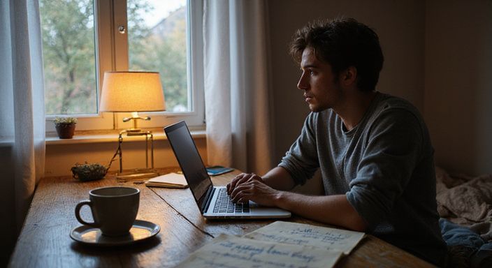 Een jonge persoon werkt geconcentreerd aan een laptop met notities. Een jonge persoon werkt geconcentreerd aan een laptop met notities.