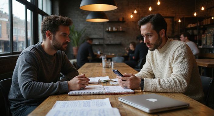 Twee volwassenen bespreken gefocust documenten in een koffiehuis. Twee volwassenen bespreken bdsm dating Nederland in een koffiehuis.