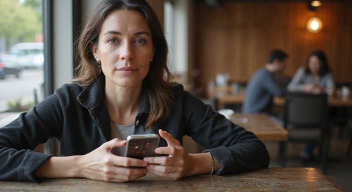 Een vrouw in haar veertig, contemplatief, met een smartphone en espresso. Een vrouw in haar veertig, contemplatief, met een smartphone en espresso wil bdsm dating in Nederland.