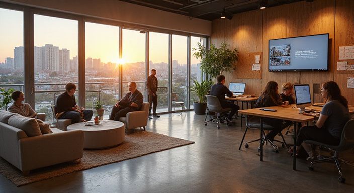 Een informele ruimte met modulaire zitgroepen en natuurlijke elementen. Een informele ruimte met modulaire zitgroepen en natuurlijke elementen.