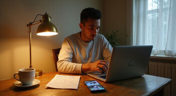 Een persoon concentreert zich op datingprofielen met een veiligheidschecklist. Een persoon concentreert zich op datingprofielen voor bdsm dating Nederland met een veiligheidschecklist.