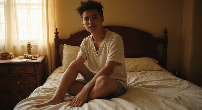 Een persoon zit op bed met een geconcentreerde, ontspannen houding.