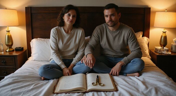 Een vrouw en man bespreken BDSM dominant of sub op een bed.
