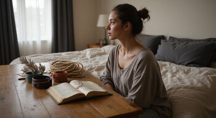 Een vrouw zit ontspannen naast een verzorgde houten dresser in een slaapkamer.