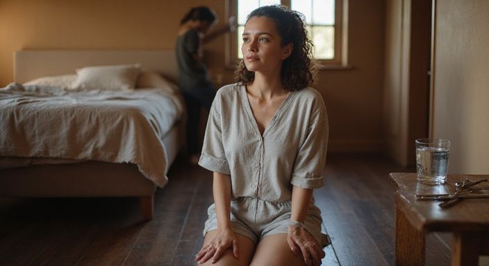 Een vrouw in loungewear, met een contemplatieve uitstraling, knielt op de vloer.