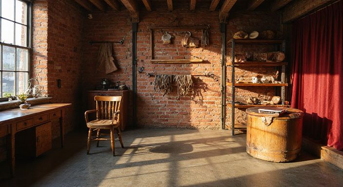 Een private recreatieruimte met authentieke materialen en zorgvuldig gerangschikte voorwerpen.