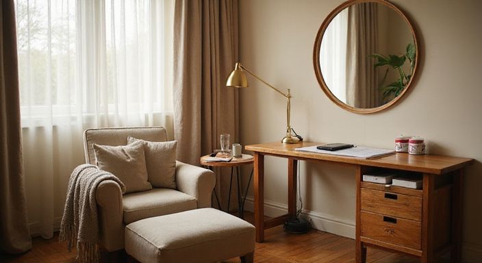Een gezellige thuisstudio met een georganiseerde werkruimte en comfortabele meubels. Een gezellige thuisstudio met een georganiseerde werkruimte en comfortabele meubels.