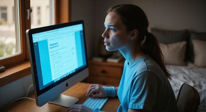Een vrouw in loungewear, geconcentreerd aan een bureau met een monitor. Een vrouw in loungewear, geconcentreerd aan een bureau met een monitor zoekt naar BDSM sexcontact Almere.