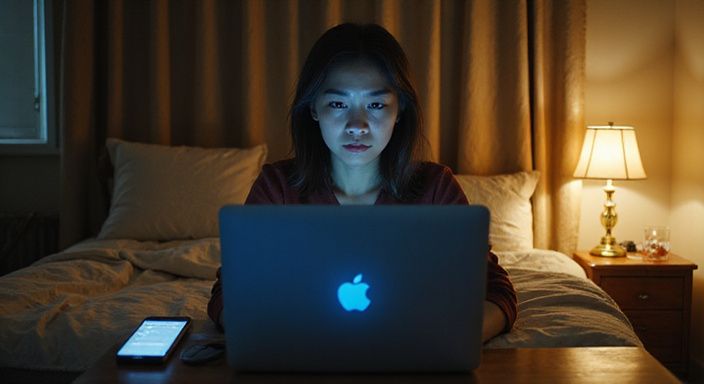 Een vrouw zit gefocust achter een rommelig bureau met een laptop