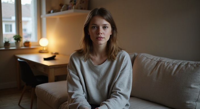 Een vrouw in een casual trui zit ontspannen in haar appartement. Een vrouw in een casual trui zit ontspannen in haar appartement.