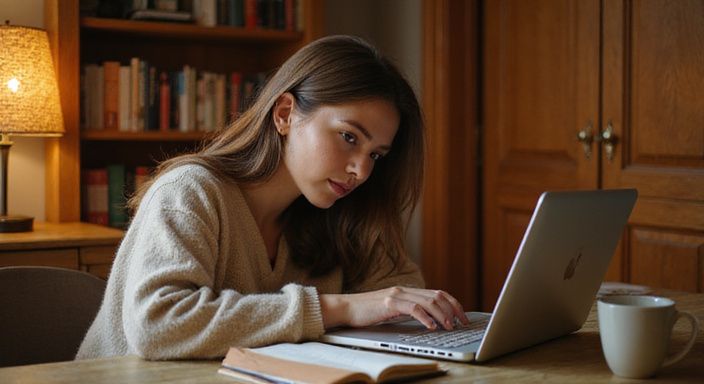Een vrouw geconcentreerd aan een bureau met een laptop en notitieboek. Een vrouw geconcentreerd aan een bureau met een laptop en notitieboek.