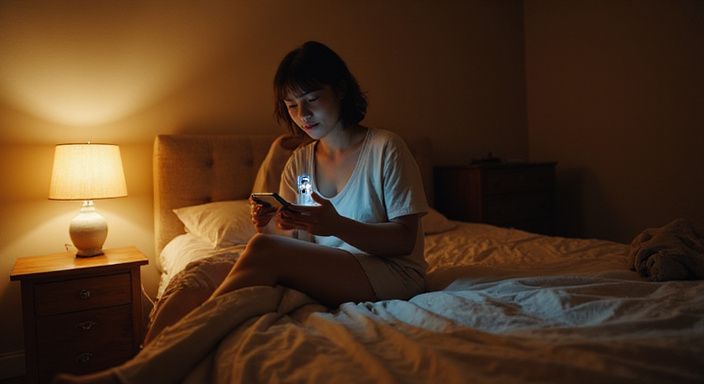 Een persoon zit op het bed met een smartphone en kijkt geconcentreerd. Een persoon zit op het bed met een smartphone en kijkt geconcentreerd.