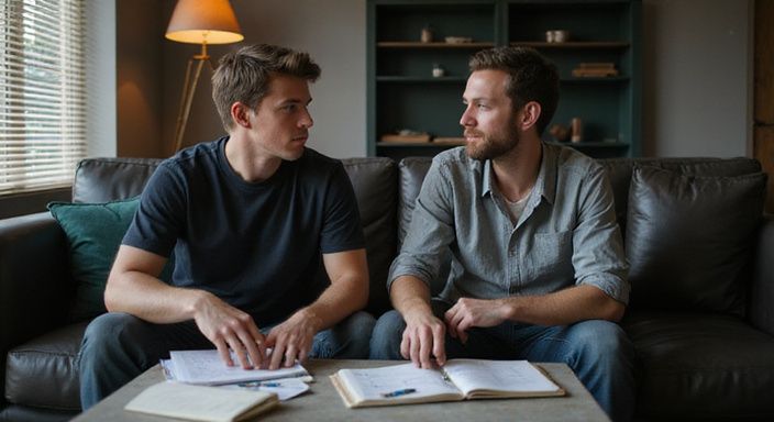 Twee volwassenen zijn gefocust aan een tafel met notities. Twee volwassenen zijn gefocust aan een tafel met notities.