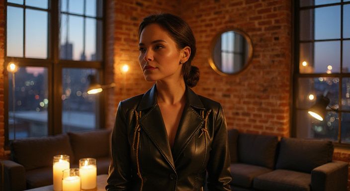 Een vrouw in leren jas, staand in een moderne loft. Een vrouw in leren jas, staand in een moderne loft.