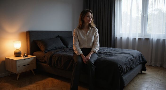Een vrouw zit ontspannen op de rand van een minimalistisch bed. Een vrouw zit ontspannen op de rand van een minimalistisch bed.